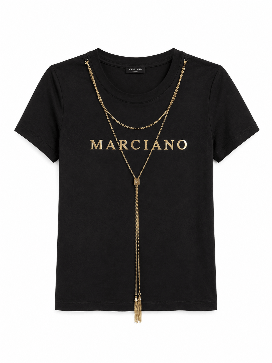 Marciano by Guess – czarny T-shirt z logo i złotym naszyjnikiem łańcuszkowym