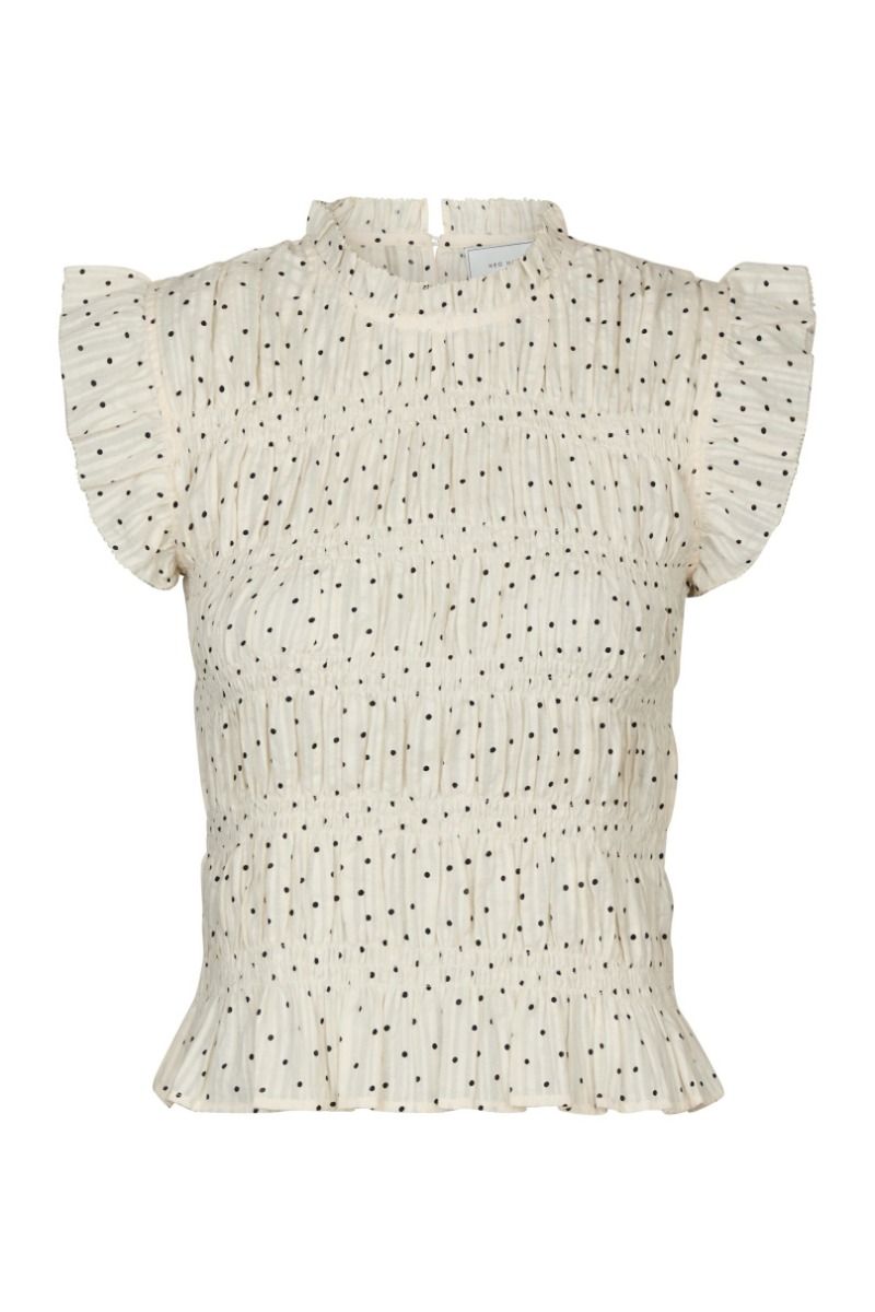 Neo Noir Tarsi Dot Cream Smocked Ruffle Sleeve Top – High Neck Peplum | Women