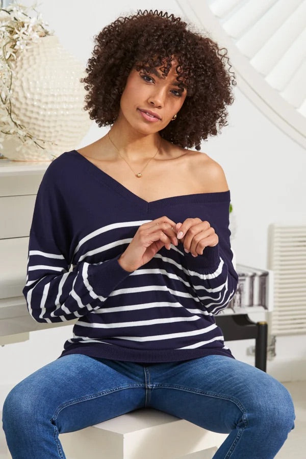 b.young Navy & White Stripe V-Neck Sweater